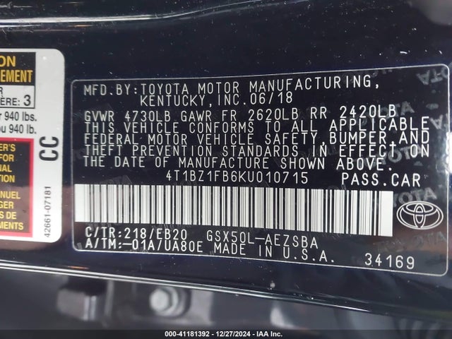 4T1BZ1FB6KU010715 Toyota Avalon Touring