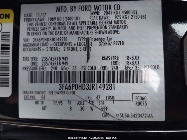 3FA6P0HD3JR149281 Ford FUSION SE