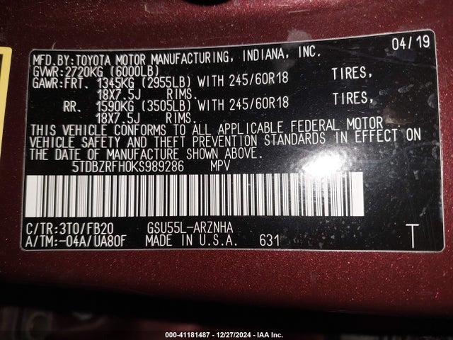 Toyota Highlander Le 2019 5TDBZRFH0KS989286 Image 9