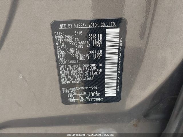 JN8AE2KP9G9157239 Nissan Quest Platinum/s/sl/sv