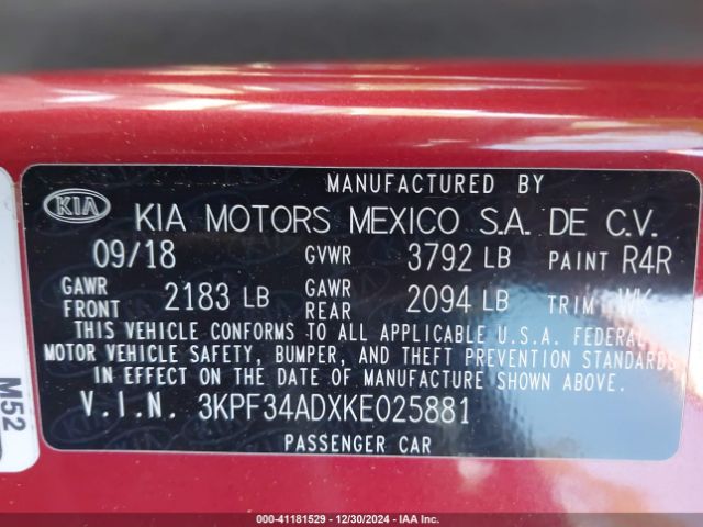 3KPF34ADXKE025881 KIA FORTE S