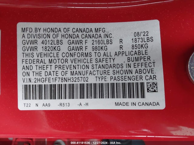 Honda CIVIC EX 2022 2HGFE1F78NH325702 Image 9