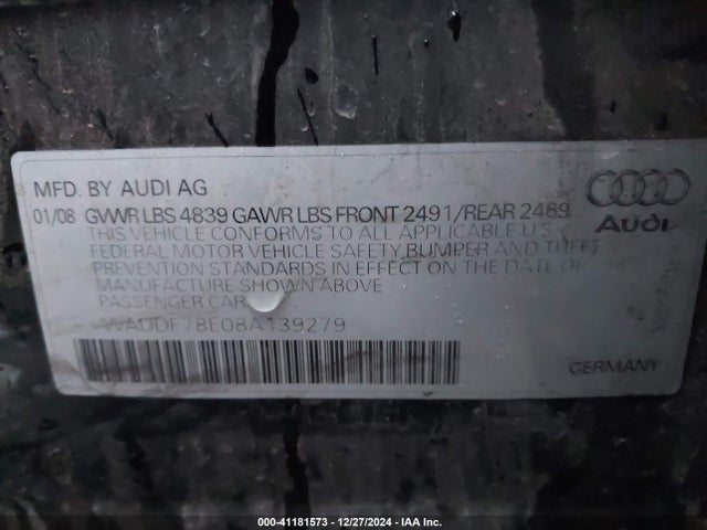 2008 AUDI A4 WAUDF78E08A139279 Photo 8