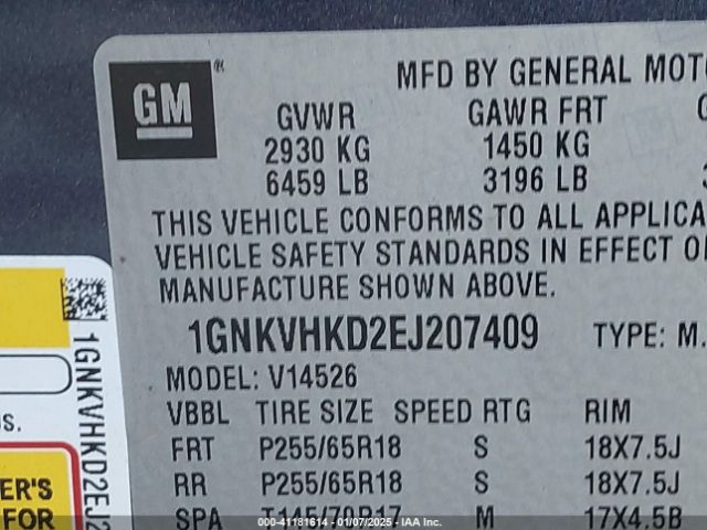 1GNKVHKD2EJ207409 Chevrolet Traverse 2lt
