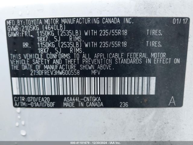 2T3DFREV3HW600558 Toyota Rav4 Limited/se/platinum