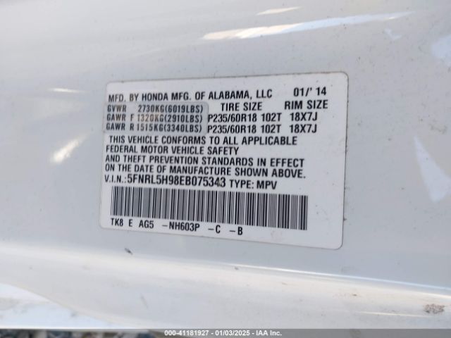 5FNRL5H98EB075343 Honda Odyssey Touring/touring Elite