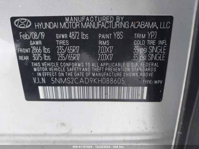 5NMS2CAD9KH088605 Hyundai Santa Fe Se
