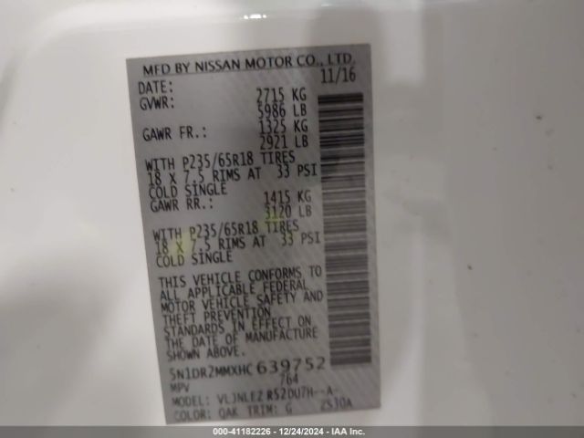 5N1DR2MMXHC639752 Nissan Pathfinder Sv