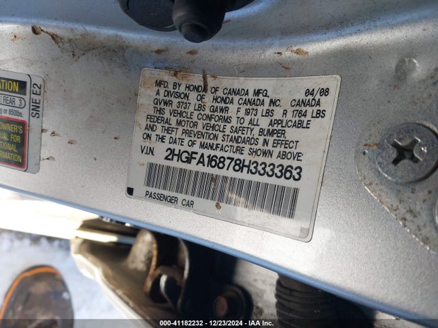 41182232 :رقم المزاد ، 2HGFA16878H333363 vin ، 2008 Honda Civic Ex مزاد بيع