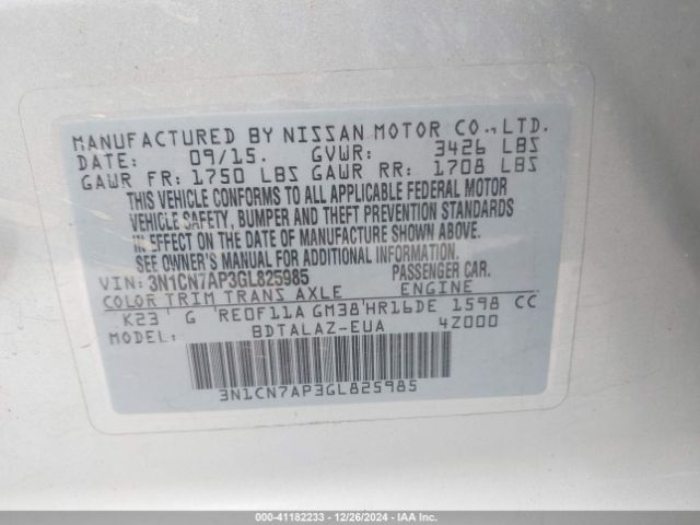 3N1CN7AP3GL825985 Nissan Versa 1.6 S+