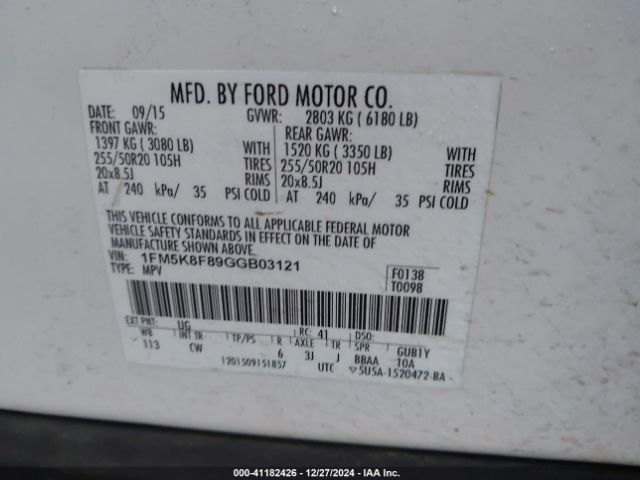 1FM5K8F89GGB03121 Ford Explorer Limited