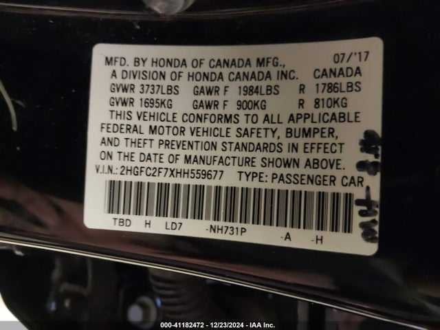 Honda CIVIC EX 2017 2HGFC2F7XHH559677 Image 9