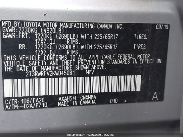 2T3RWRFV2KW045081 Toyota Rav4 Hybrid Xle