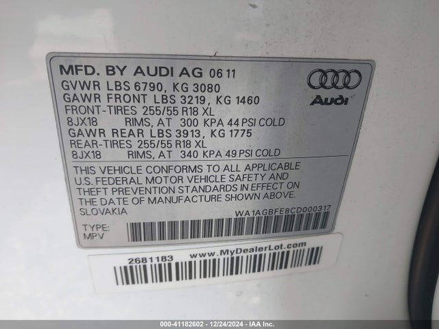 41182602 :رقم المزاد ، WA1AGBFE8CD000317 vin ، 2012 Audi Q7 3.0t Premium مزاد بيع