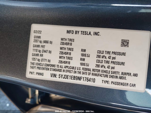 2022 TESLA MODEL 3 5YJ3E1EB9NF176410 Photo 8