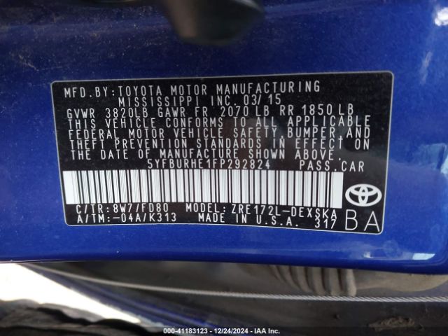 5YFBURHE1FP292824 Toyota Corolla S Plus