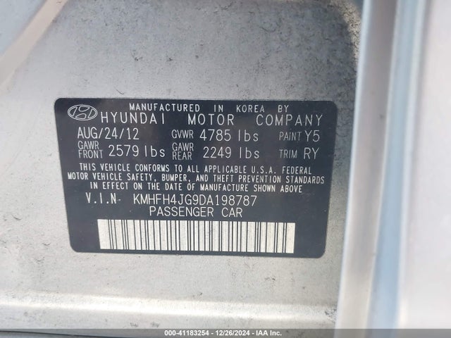 2013 Hyundai Azera მანქანა იყიდება აუქციონზე, vin: KMHFH4JG9DA198787, აუქციონის ნომერი: 41183254