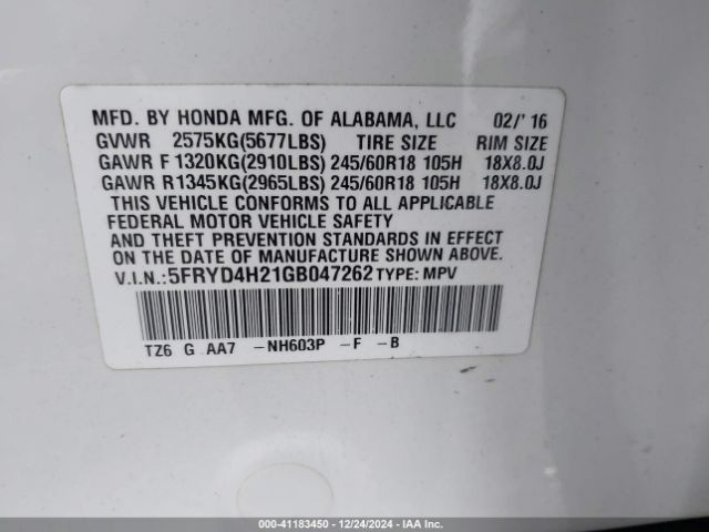 5FRYD4H21GB047262 Acura Mdx Acurawatch Plus Package
