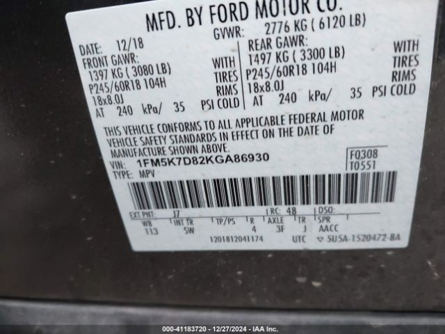 1FM5K7D82KGA86930 Ford EXPLORER XLT