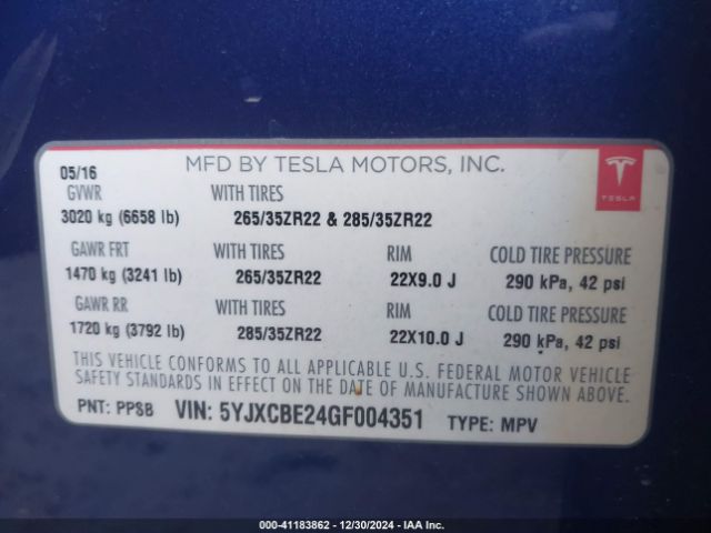 5YJXCBE24GF004351 Tesla Model X 60d/70d/75d/90d/p100d