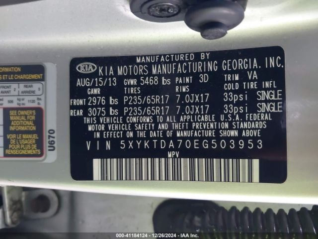 5XYKTDA70EG503953 KIA Sorento Lx V6