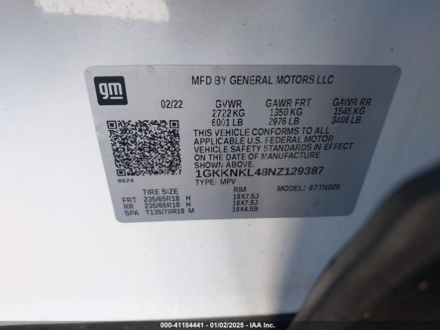 1GKKNKL48NZ129387 GMC Acadia Fwd Sle