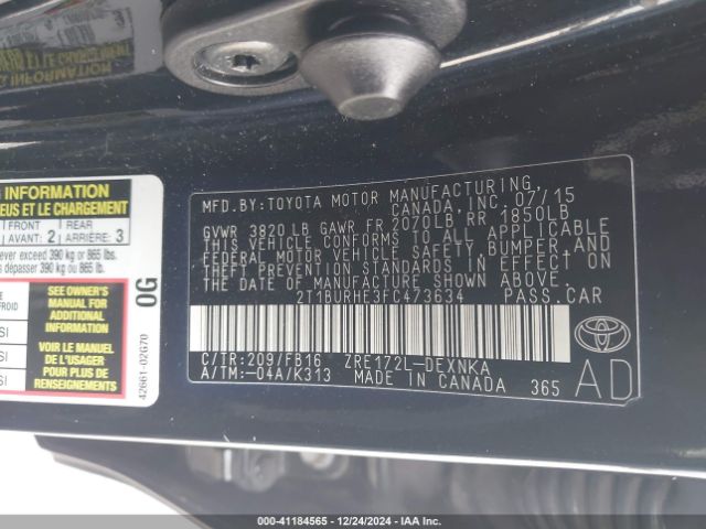 2T1BURHE3FC473634 Toyota COROLLA LE