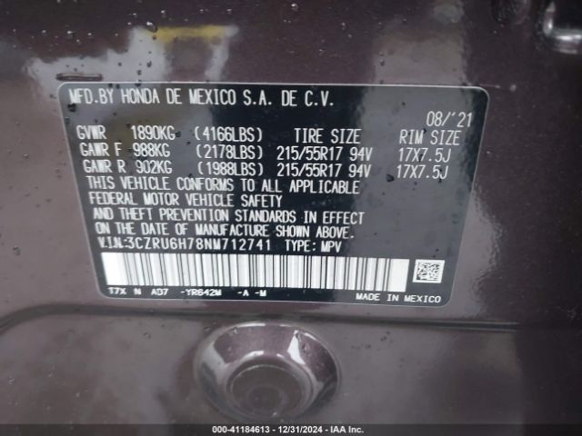 3CZRU6H78NM712741 Honda Hr-v Awd Ex-l