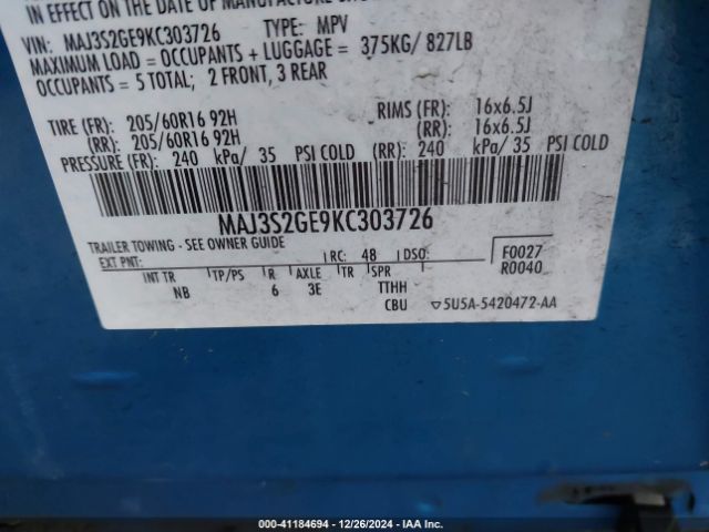 MAJ3S2GE9KC303726 Ford Ecosport Se
