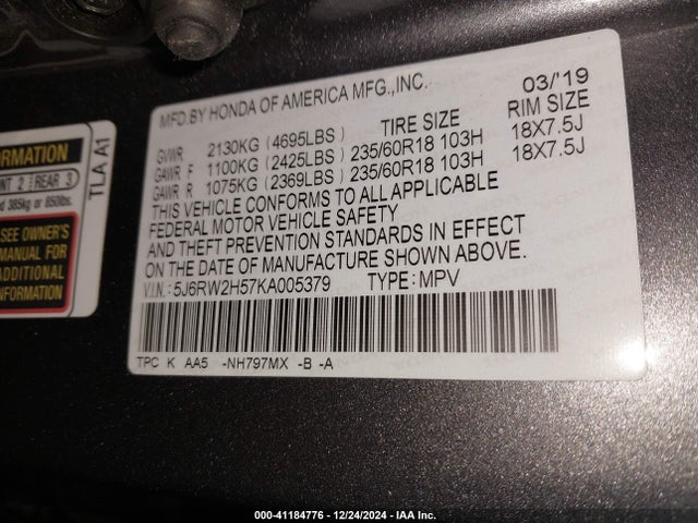 Honda CR-V EX 2019 5J6RW2H57KA005379 Image 9