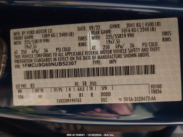 1FMCU9G60NUB52307 Ford ESCAPE SE
