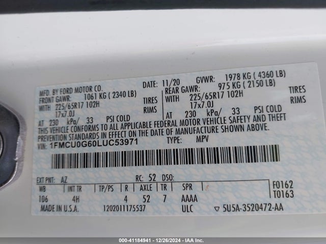 Ford ESCAPE SE 2020 1FMCU0G60LUC53971 Image 9