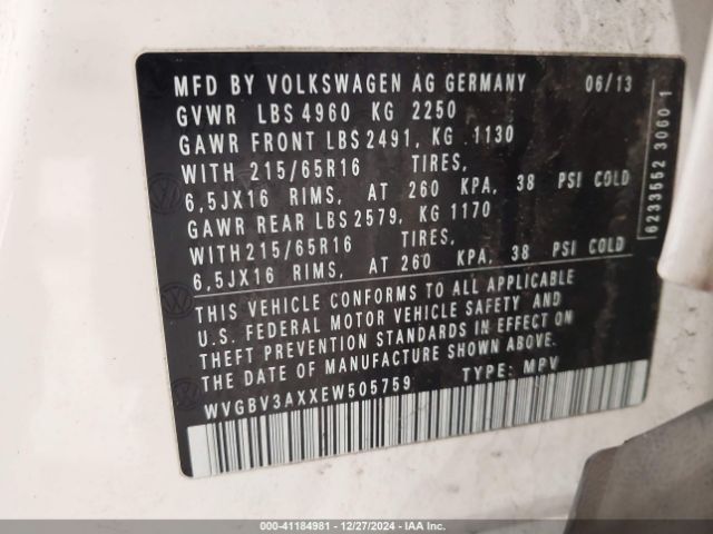 WVGBV3AXXEW505759 Volkswagen TIGUAN S