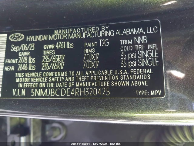 5NMJBCDE4RH320425 Hyundai TUCSON SEL