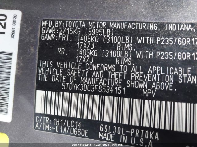 5TDYK3DC3FS534151 Toyota Sienna Xle 8 Passenger