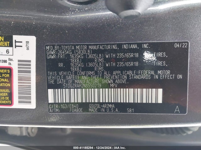 Toyota Highlander Xle 2022 5TDGZRAH2NS550219 Image 9