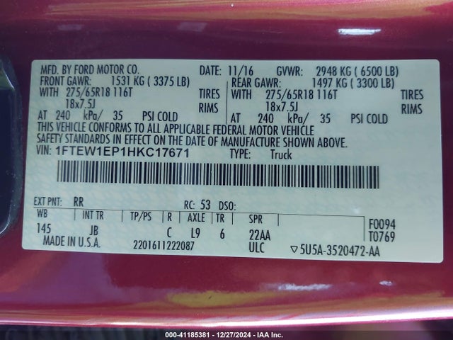 Ford F-150 Xlt 2017 1FTEW1EP1HKC17671 Image 9