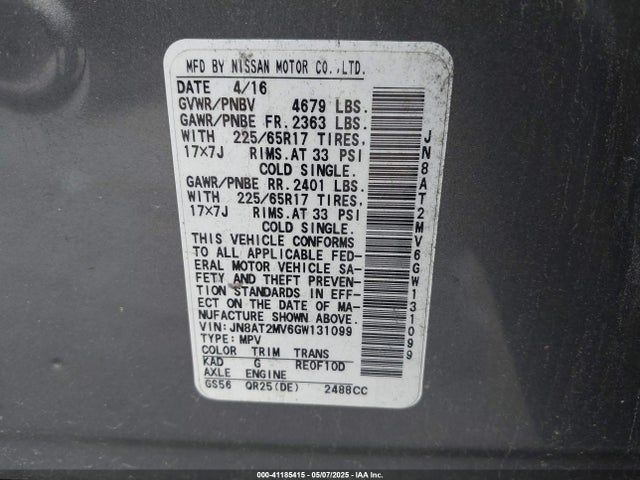 JN8AT2MV6GW131099 Nissan ROGUE S