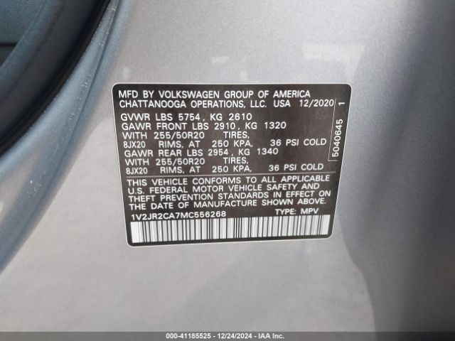 1V2JR2CA7MC556268 Volkswagen Atlas 3.6l V6 Se W/technology