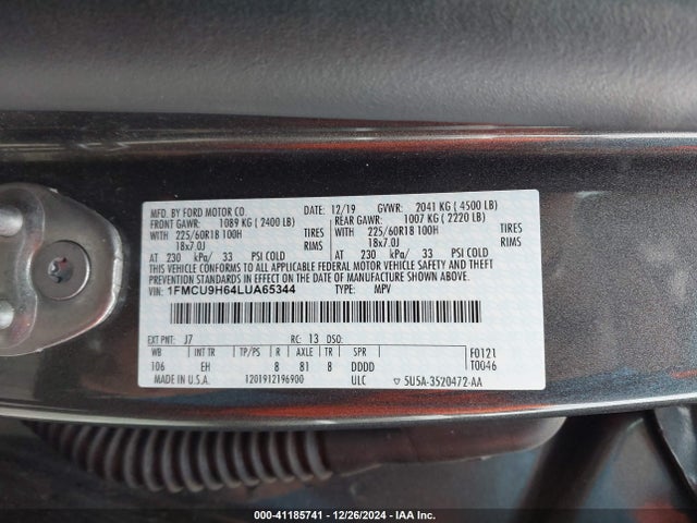 2020 Ford Escape Sel მანქანა იყიდება აუქციონზე, vin: 1FMCU9H64LUA65344, აუქციონის ნომერი: 41185741