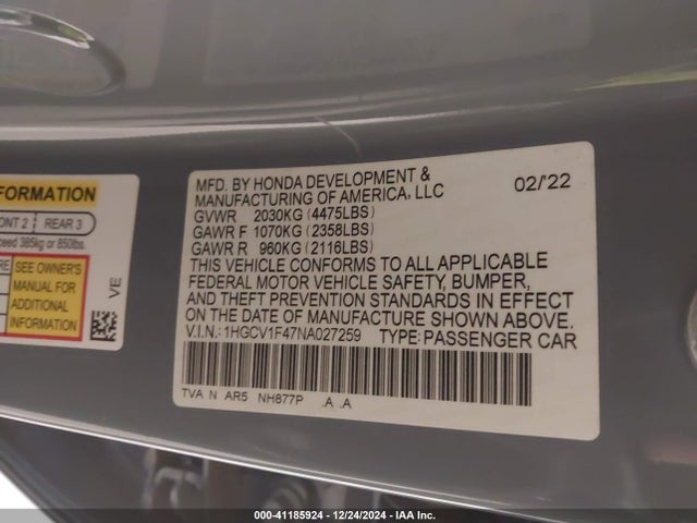 1HGCV1F47NA027259 Honda Accord Sport Se