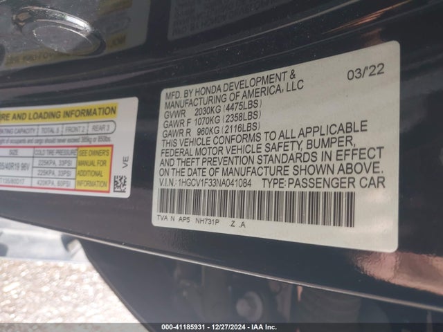 1HGCV1F33NA041084 Honda Accord Sport