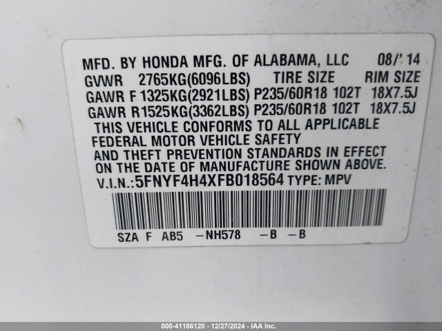 Honda Pilot Ex 2015 5FNYF4H4XFB018564 Image 9