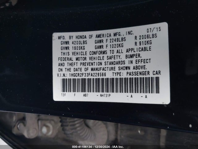 Honda ACCORD LX 2015 1HGCR2F33FA229566 Image 9