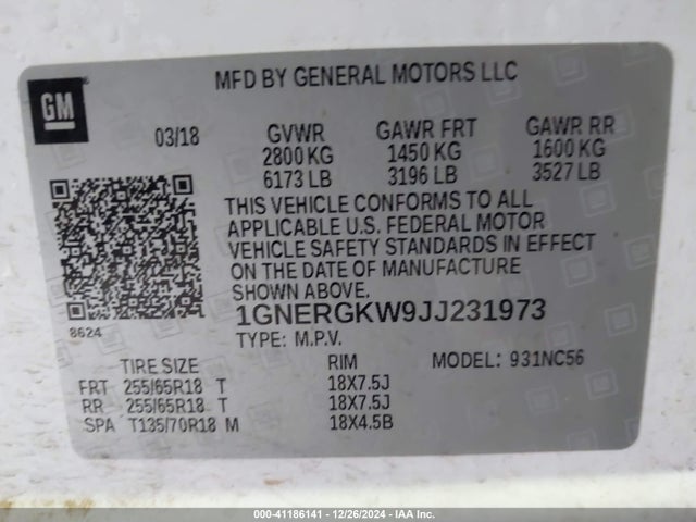 Chevrolet Traverse 1lt 2018 1GNERGKW9JJ231973 Image 9
