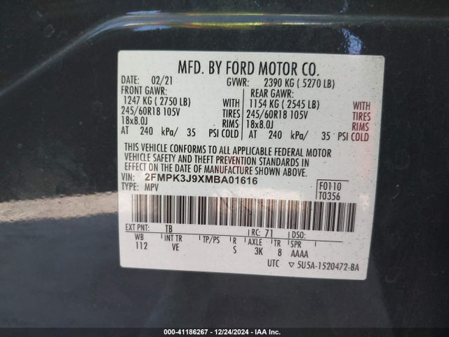 Продаж на аукціоні авто 2021 Ford Edge Sel, vin: 2FMPK3J9XMBA01616, номер лоту: 41186267