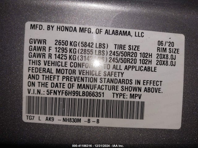 5FNYF6H99LB066351 Honda Pilot Awd Touring 8 Passenger