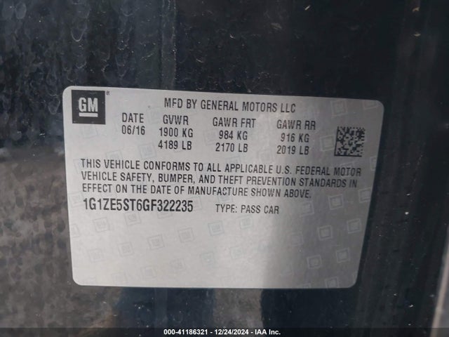 41186321 :رقم المزاد ، 1G1ZE5ST6GF322235 vin ، 2016 Chevrolet Malibu 1lt مزاد بيع
