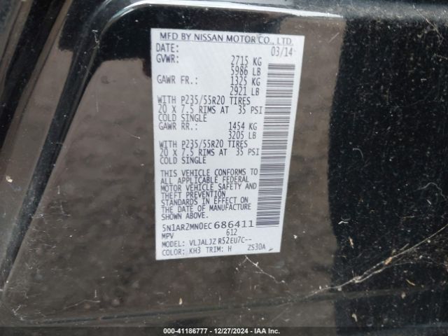 5N1AR2MN0EC686411 Nissan Pathfinder Platinum
