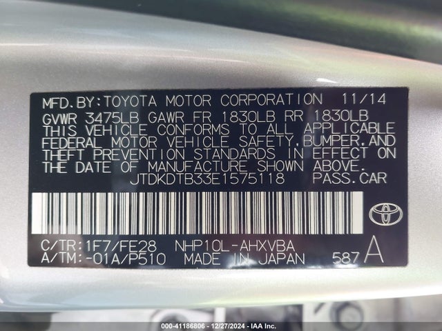 JTDKDTB33E1575118 Toyota Prius C One